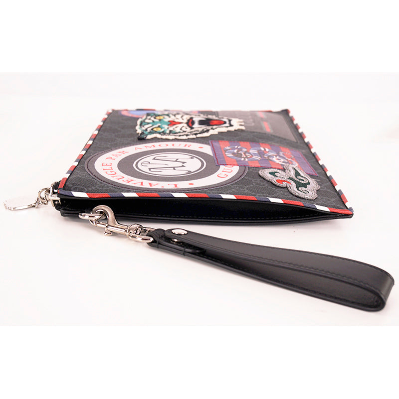 NEW $1,225 GUCCI Black NIGHT COURRIER Supreme Canvas Logo Clutch Wristlet BAG