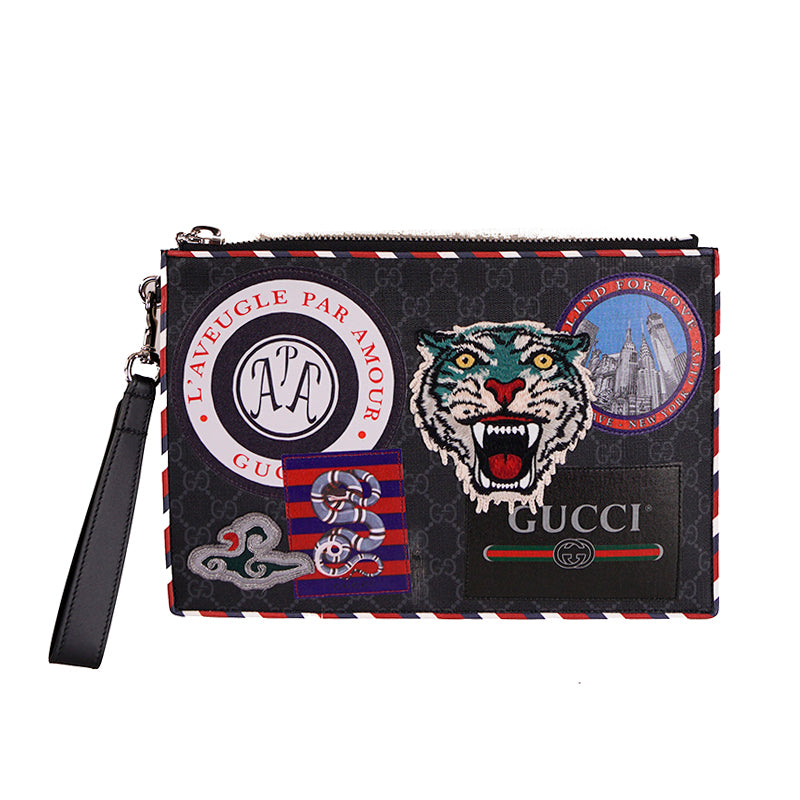 NEW $1,225 GUCCI Black NIGHT COURRIER Supreme Canvas Logo Clutch Wristlet BAG