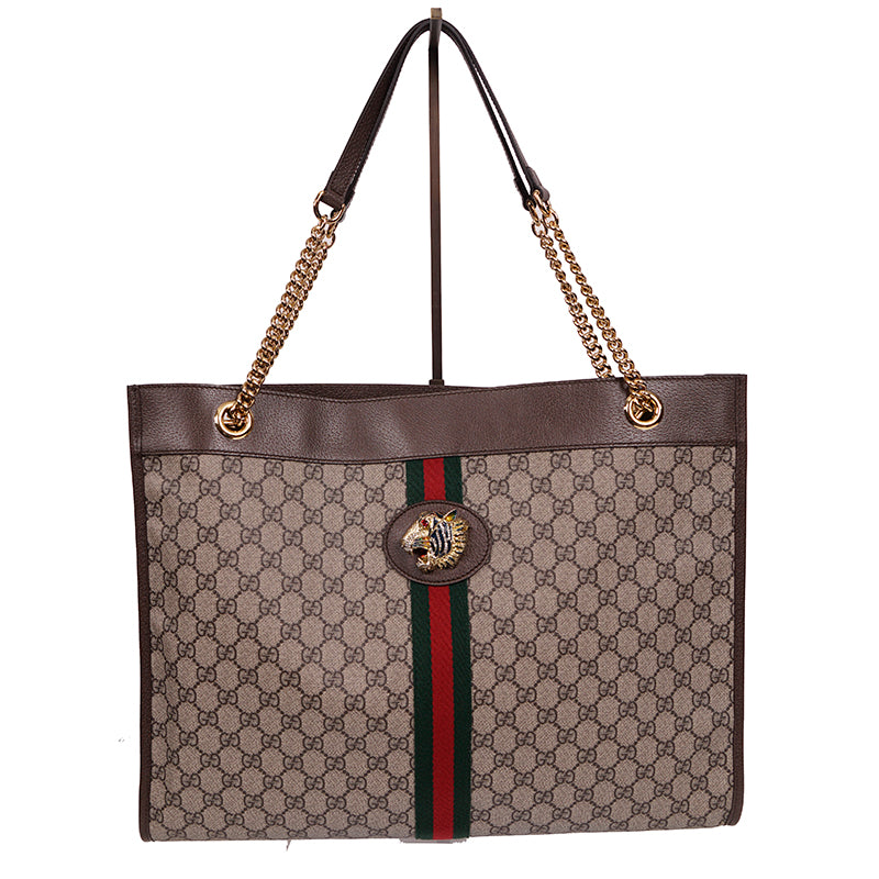 NEW $2800 GUCCI Supreme GG Canvas RAJAH TIGER Chain Strap LARGE TOTE BAG & POUCH