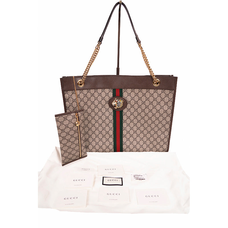 NEW $2800 GUCCI Supreme GG Canvas RAJAH TIGER Chain Strap LARGE TOTE BAG & POUCH