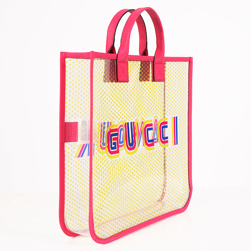 NEW GUCCI JUNIOR Clear Yellow STAR PRINT Amour Vinyl Tote BAG with Pink Leather