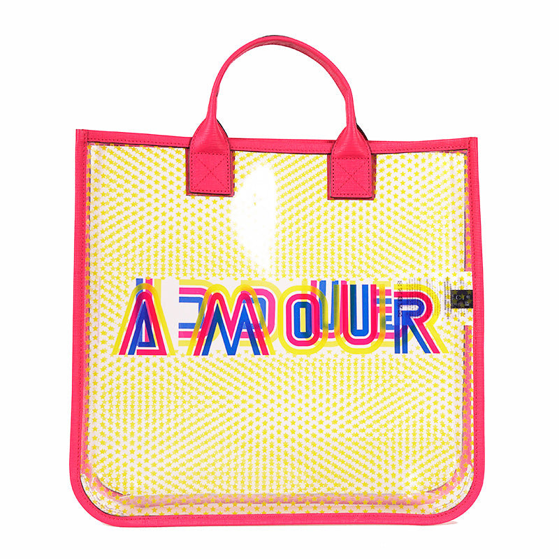 NEW GUCCI JUNIOR Clear Yellow STAR PRINT Amour Vinyl Tote BAG with Pink Leather