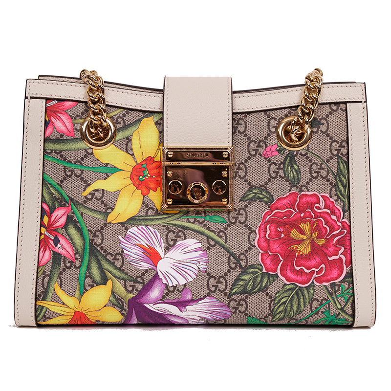NEW $2200 GUCCI White Leather & FLORA Supreme GG Canvas PADLOCK TOTE BAG & KEYS