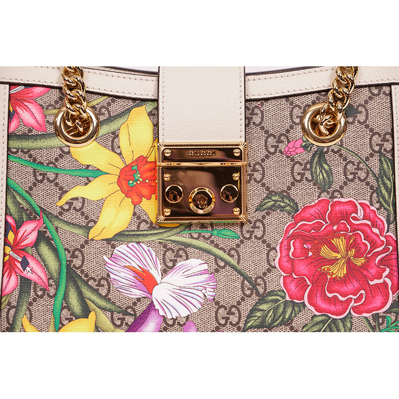 NEW $2200 GUCCI White Leather & FLORA Supreme GG Canvas PADLOCK TOTE BAG & KEYS