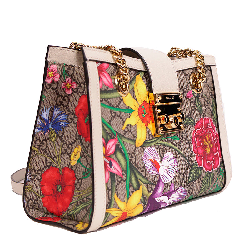 NEW $2200 GUCCI White Leather & FLORA Supreme GG Canvas PADLOCK TOTE BAG & KEYS