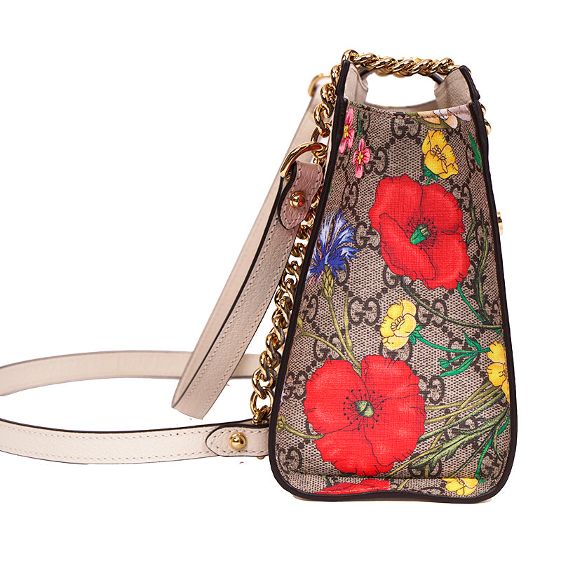 NEW $2200 GUCCI White Leather & FLORA Supreme GG Canvas PADLOCK TOTE BAG & KEYS