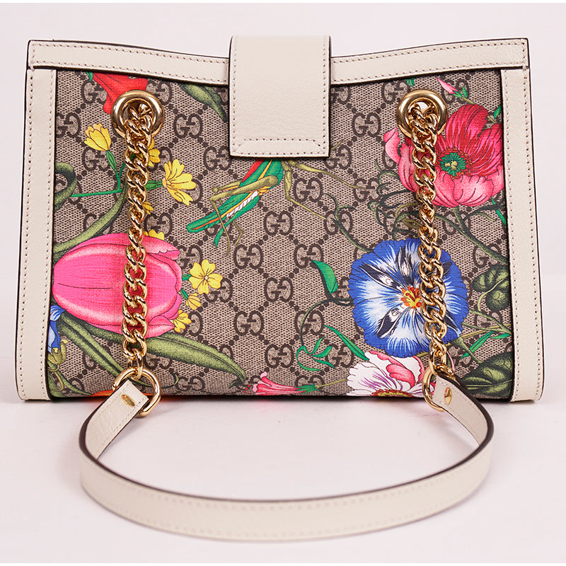 NEW $2200 GUCCI White Leather & FLORA Supreme GG Canvas PADLOCK TOTE BAG & KEYS