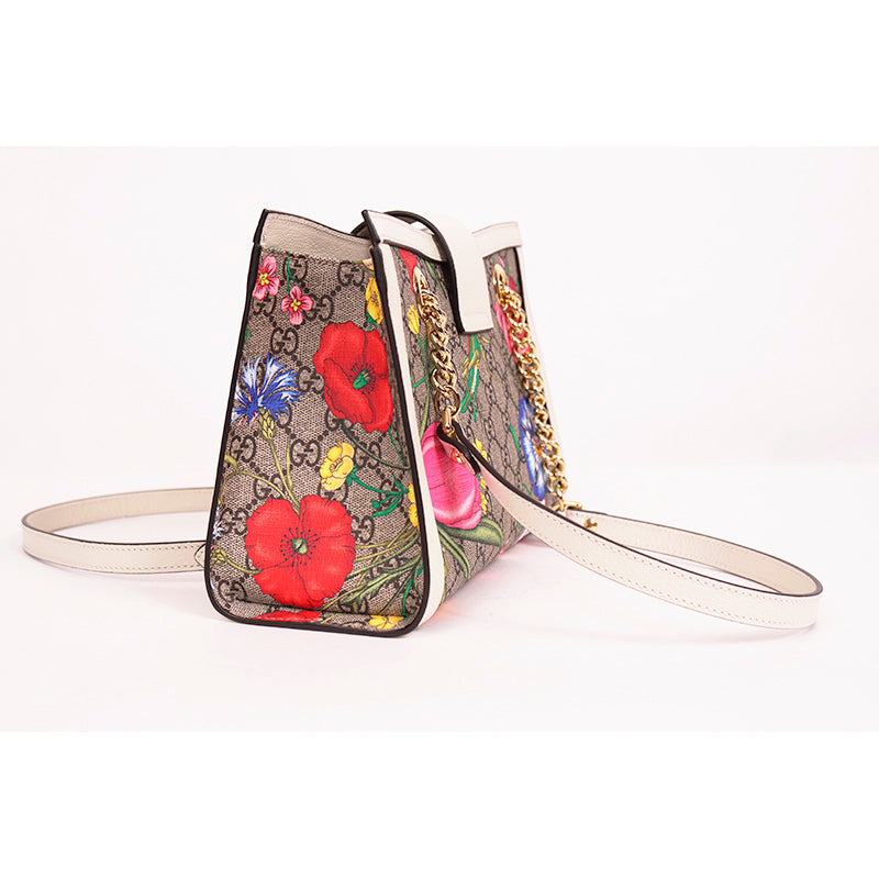 NEW $2200 GUCCI White Leather & FLORA Supreme GG Canvas PADLOCK TOTE BAG & KEYS