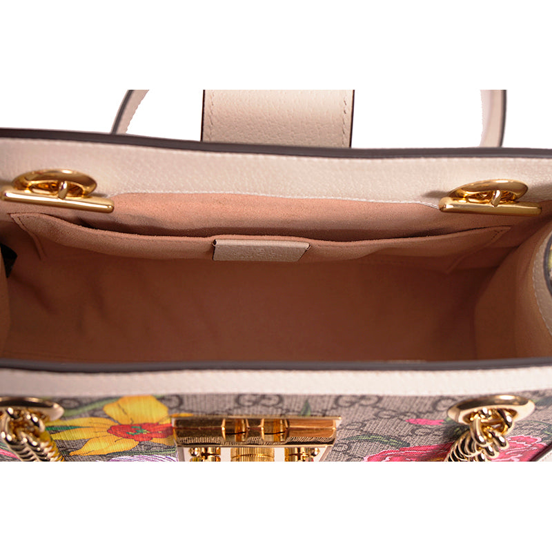 NEW $2200 GUCCI White Leather & FLORA Supreme GG Canvas PADLOCK TOTE BAG & KEYS