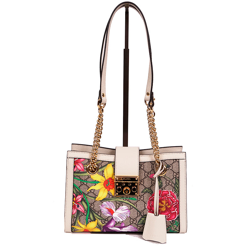 NEW $2200 GUCCI White Leather & FLORA Supreme GG Canvas PADLOCK TOTE BAG & KEYS