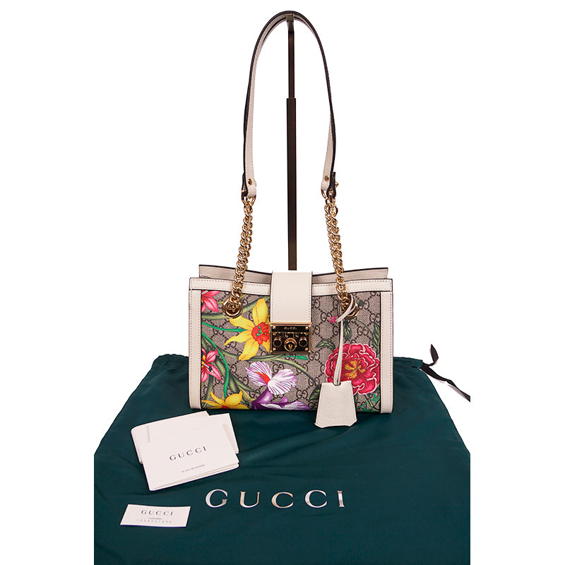 NEW $2200 GUCCI White Leather & FLORA Supreme GG Canvas PADLOCK TOTE BAG & KEYS