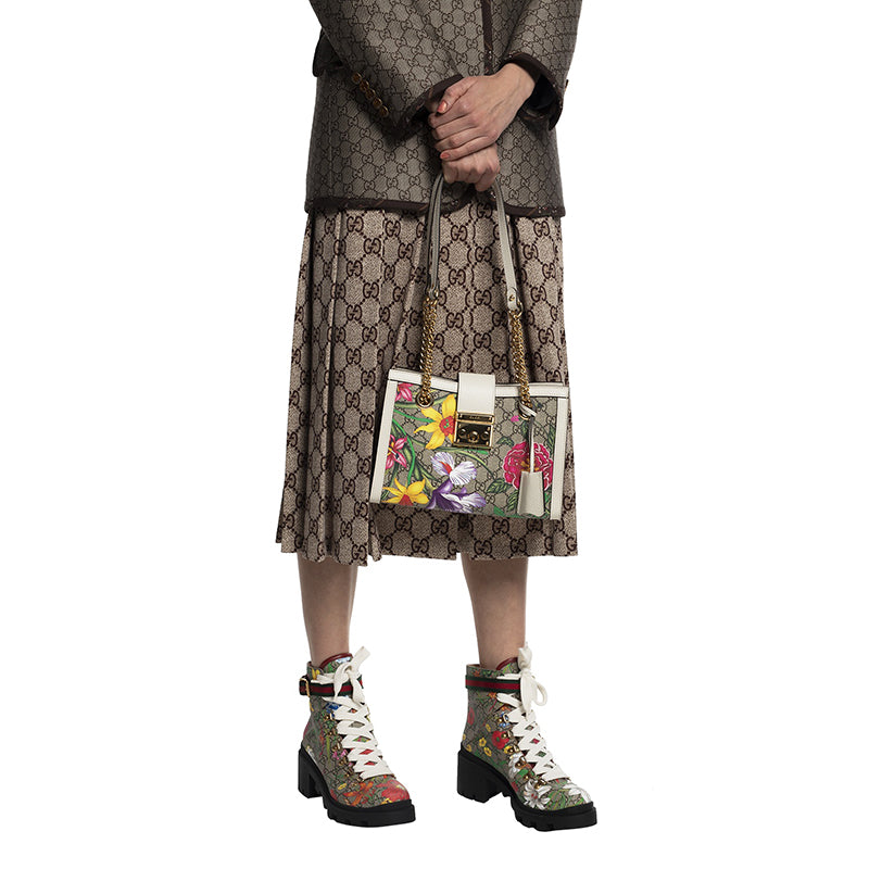 NEW $2200 GUCCI White Leather & FLORA Supreme GG Canvas PADLOCK TOTE BAG & KEYS