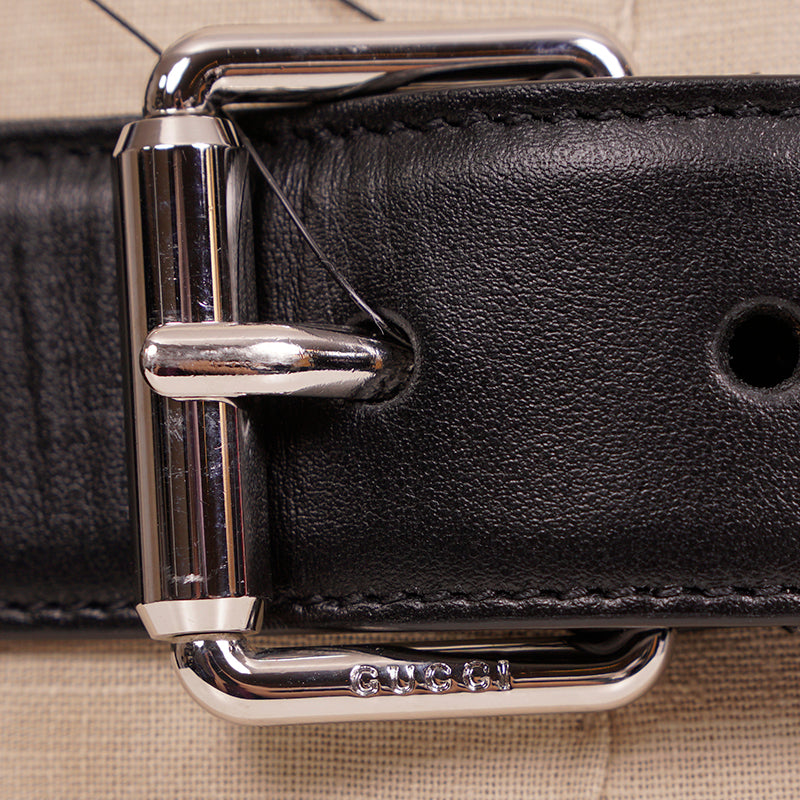 85/34 NEW $970 GUCCI Woman Black Leather GOLD GG INTERLOCKING LOGO Waist BELT