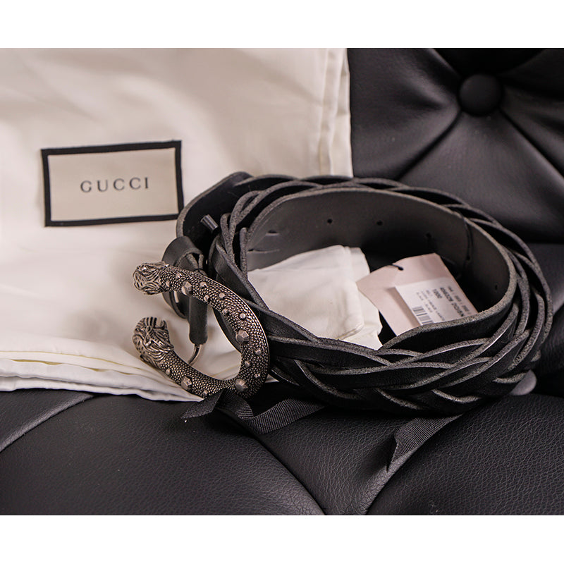 sz 110/44 NEW $550 GUCCI Men's DIONYSUS BUCKLE Black Braided RUGGED Leather BELT