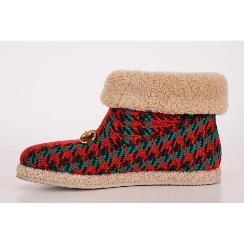 37.5 NEW $950 GUCCI Red Green HOUNDSTOOTH WOOL Gold Horsebit Ankle BOOTS