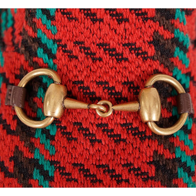 37.5 NEW $950 GUCCI Red Green HOUNDSTOOTH WOOL Gold Horsebit Ankle BOOTS