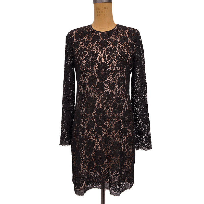 sz 40 NEW $2400 GUCCI Black Sheer FLORAL LACE Long Sleeves DRESS w/ NUDE SLIP