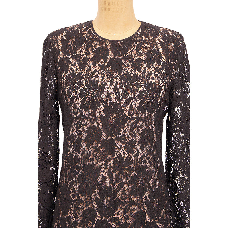 sz 40 NEW $2400 GUCCI Black Sheer FLORAL LACE Long Sleeves DRESS w/ NUDE SLIP
