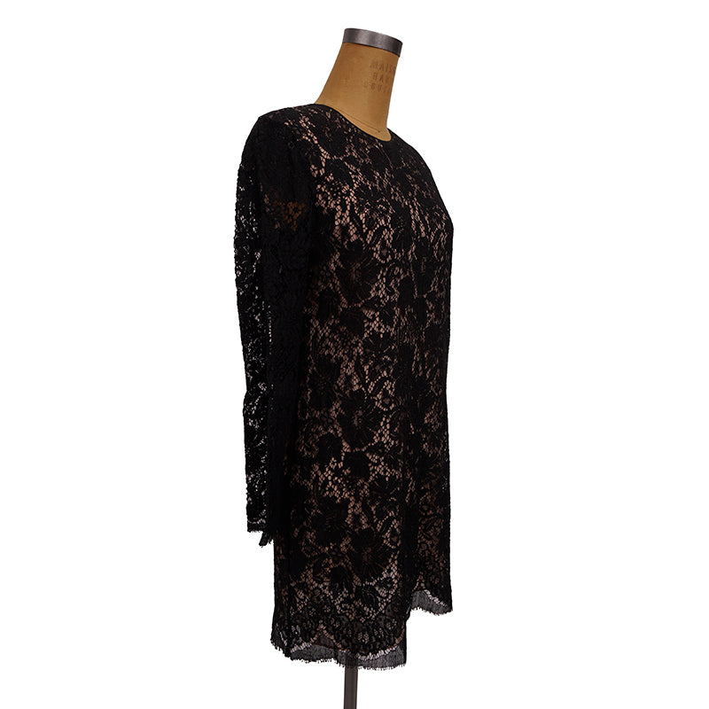 sz 40 NEW $2400 GUCCI Black Sheer FLORAL LACE Long Sleeves DRESS w/ NUDE SLIP