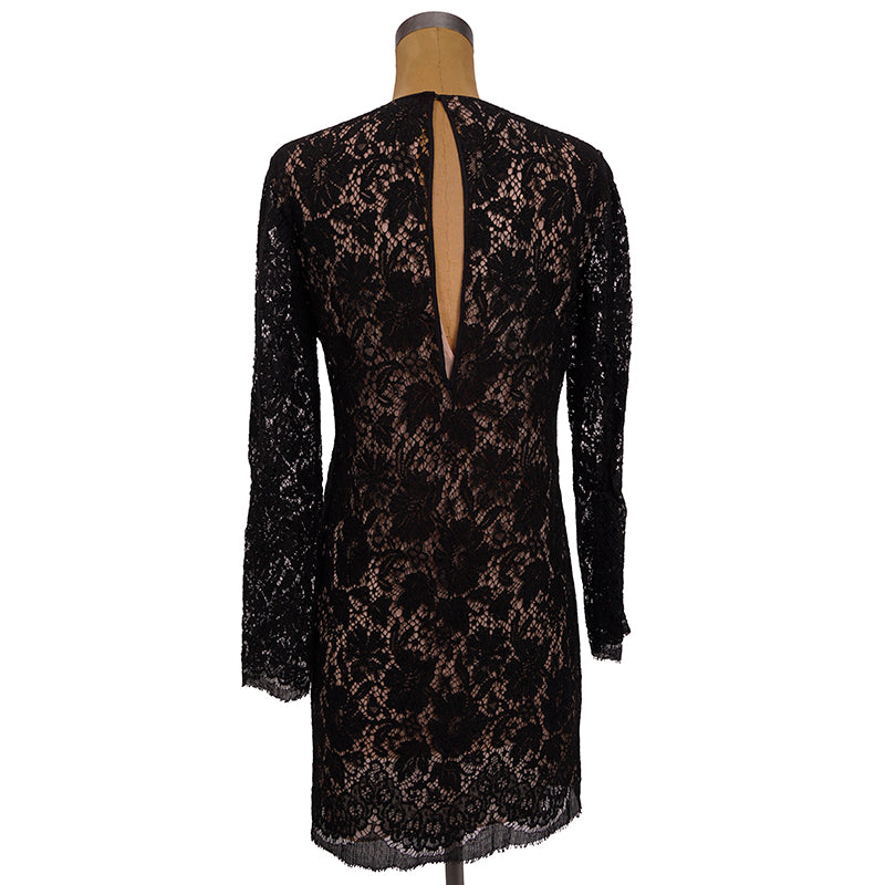 sz 40 NEW $2400 GUCCI Black Sheer FLORAL LACE Long Sleeves DRESS w/ NUDE SLIP