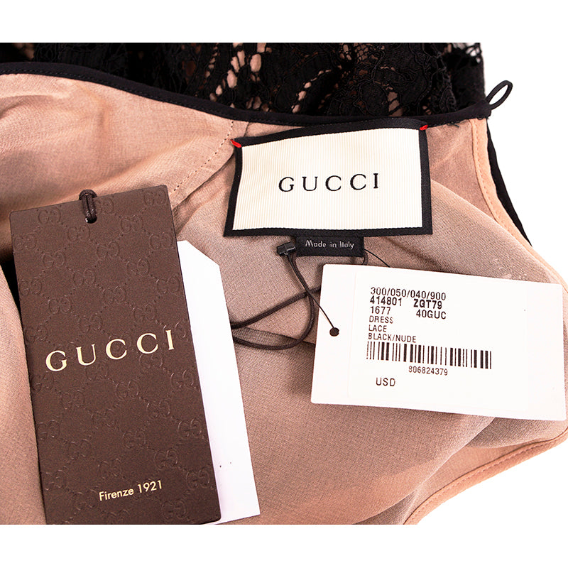 sz 40 NEW $2400 GUCCI Black Sheer FLORAL LACE Long Sleeves DRESS w/ NUDE SLIP