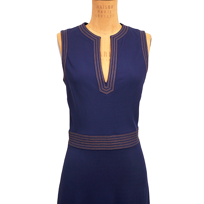 sz L US 8 NEW $2,100 GUCCI Blue Jersey TAN STITCH Crepe Viscose SLEEVELESS DRESS NWT