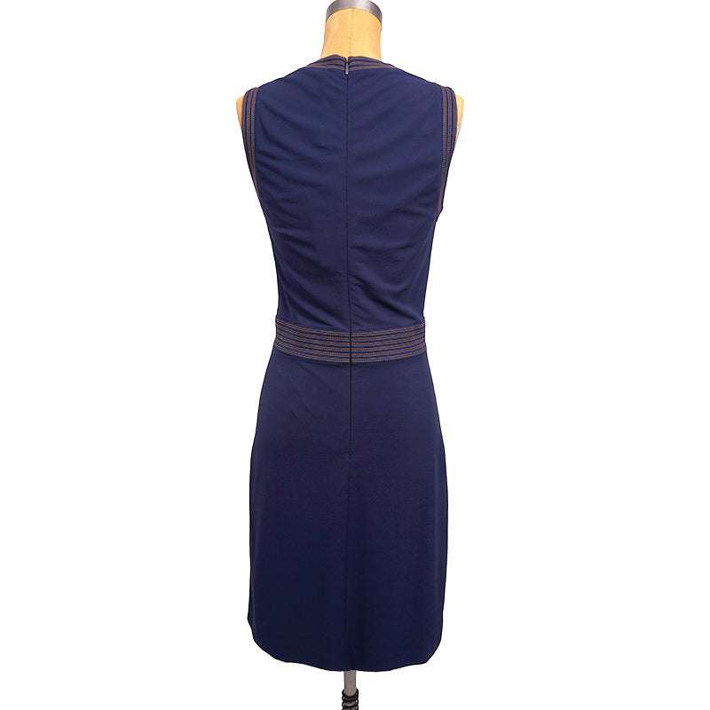sz L US 8 NEW $2,100 GUCCI Blue Jersey TAN STITCH Crepe Viscose SLEEVELESS DRESS NWT