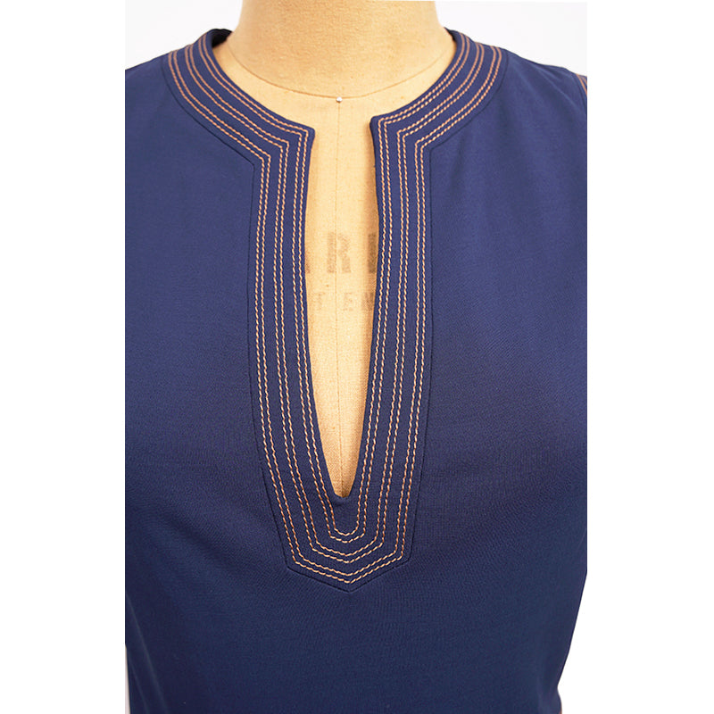 sz L US 8 NEW $2,100 GUCCI Blue Jersey TAN STITCH Crepe Viscose SLEEVELESS DRESS NWT