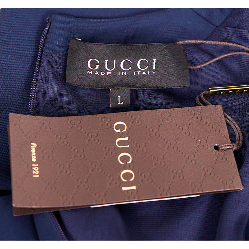 sz L US 8 NEW $2,100 GUCCI Blue Jersey TAN STITCH Crepe Viscose SLEEVELESS DRESS NWT