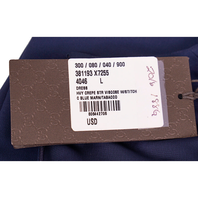 sz L US 8 NEW $2,100 GUCCI Blue Jersey TAN STITCH Crepe Viscose SLEEVELESS DRESS NWT