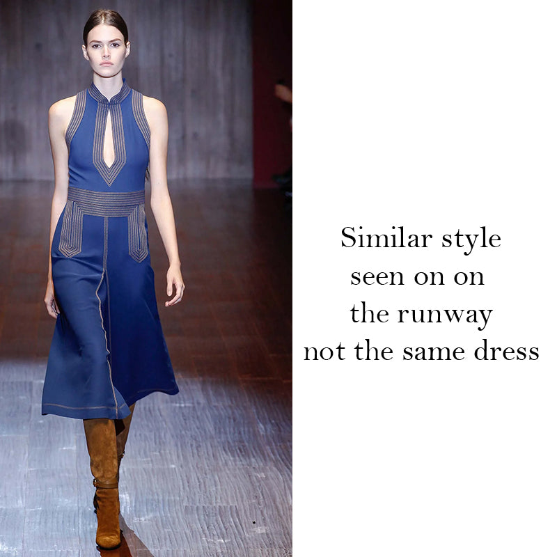 sz L US 8 NEW $2,100 GUCCI Blue Jersey TAN STITCH Crepe Viscose SLEEVELESS DRESS NWT