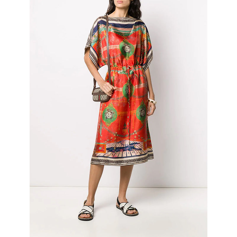 sz 36 NEW $3,200 GUCCI Orange ROMAIN TALE GREEK PRINT Silk Twill Caftan DRESS XS