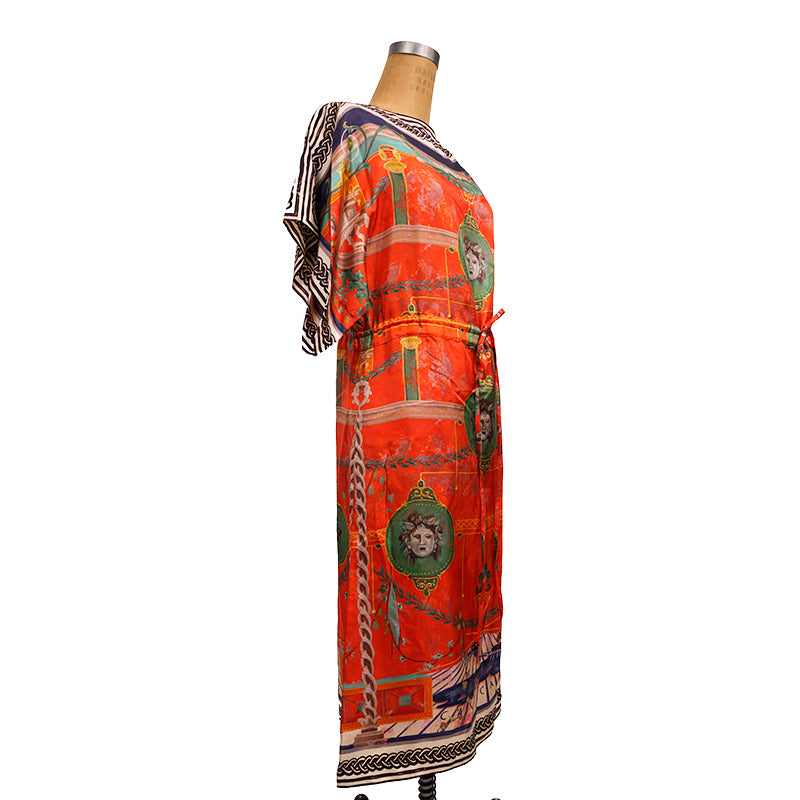 sz 36 NEW $3,200 GUCCI Orange ROMAIN TALE GREEK PRINT Silk Twill Caftan DRESS XS