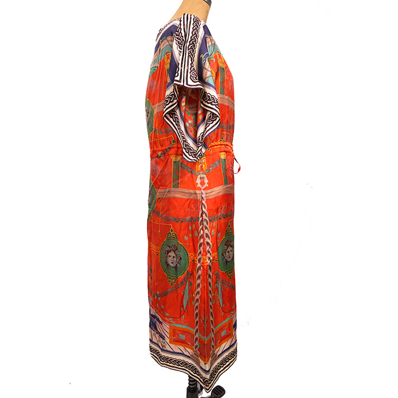 sz 36 NEW $3,200 GUCCI Orange ROMAIN TALE GREEK PRINT Silk Twill Caftan DRESS XS