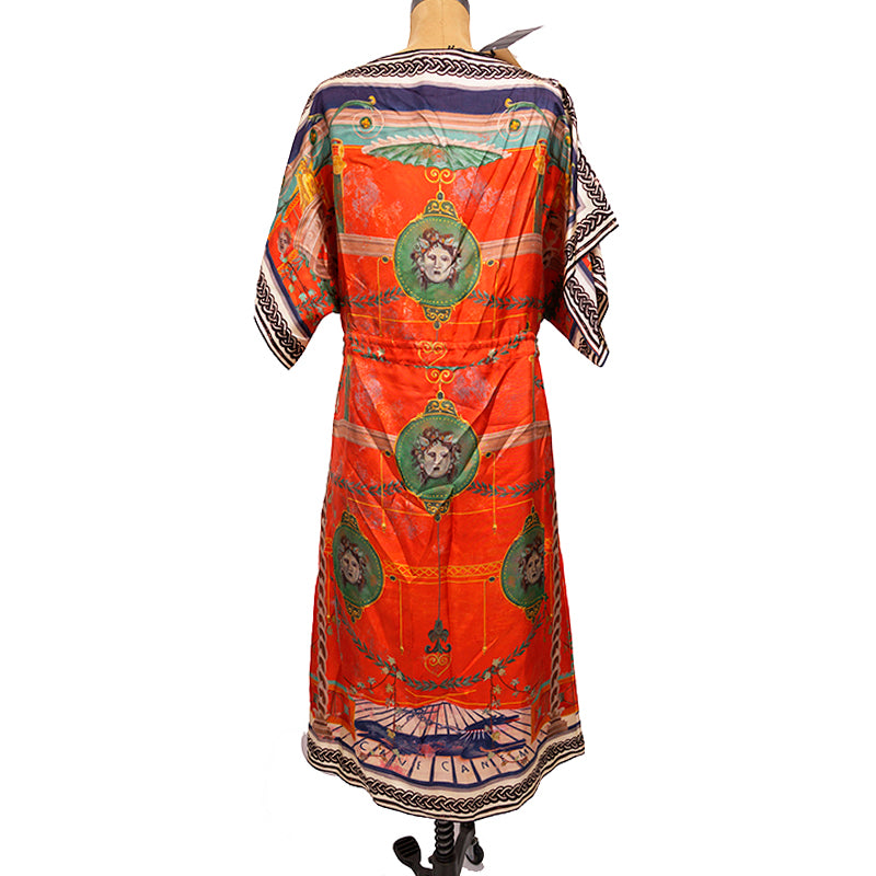 sz 36 NEW $3,200 GUCCI Orange ROMAIN TALE GREEK PRINT Silk Twill Caftan DRESS XS