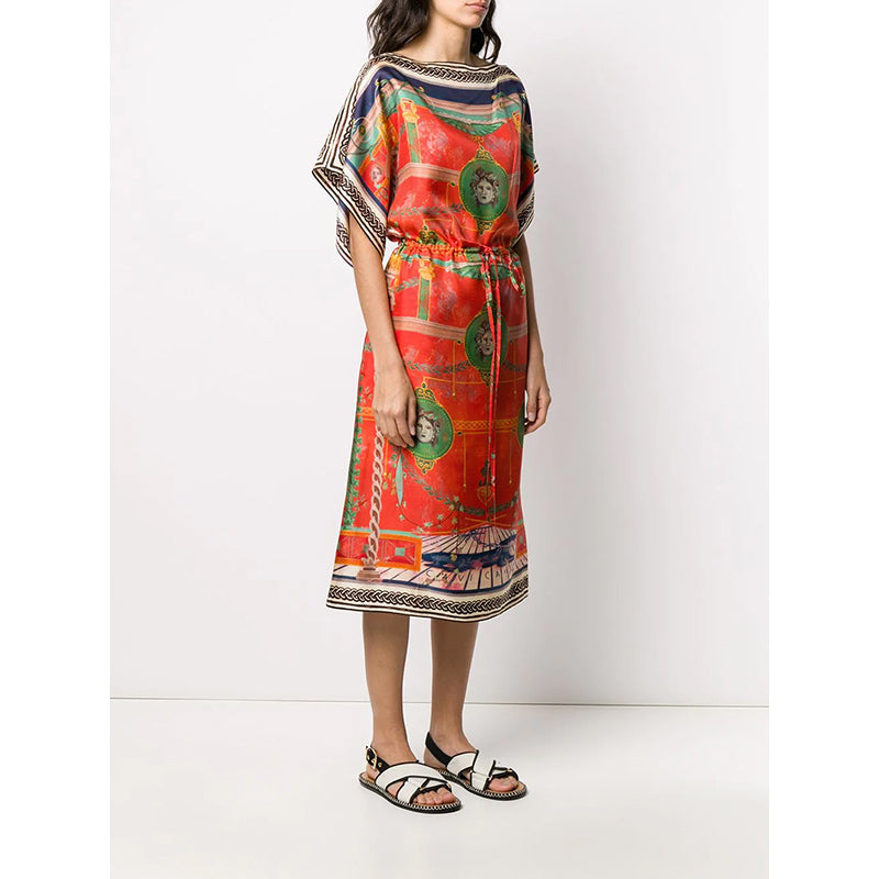 sz 36 NEW $3,200 GUCCI Orange ROMAIN TALE GREEK PRINT Silk Twill Caftan DRESS XS