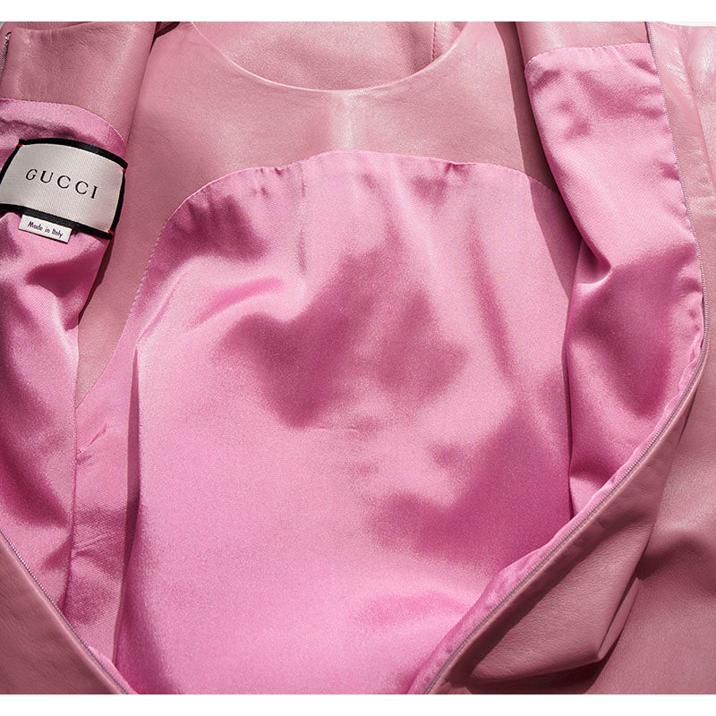 38 XS NEW $2,700 GUCCI Peony Blush Pink LEATHER Mod Retro Straight SHIFT DRESS