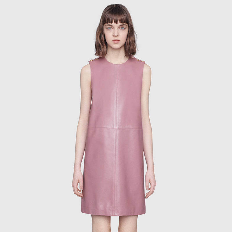 38 XS NEW $2,700 GUCCI Peony Blush Pink LEATHER Mod Retro Straight SHIFT DRESS