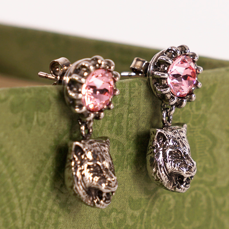 NEW $495 GUCCI Pink Crystal Stud Silver Tone FELINE TIGER CAT Dangle EARRINGS