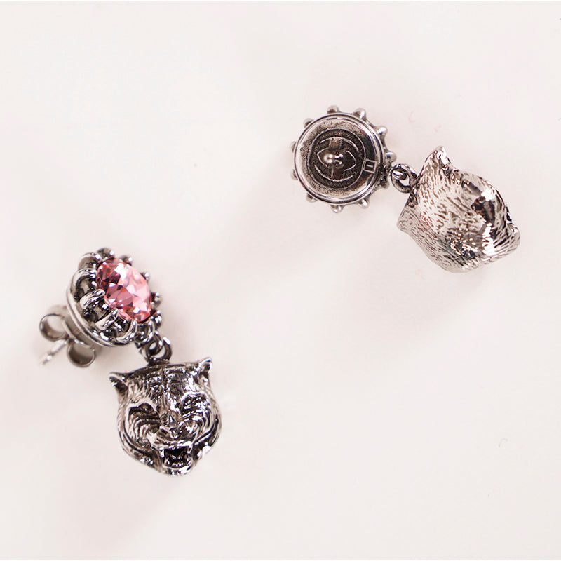 NEW $495 GUCCI Pink Crystal Stud Silver Tone FELINE TIGER CAT Dangle EARRINGS