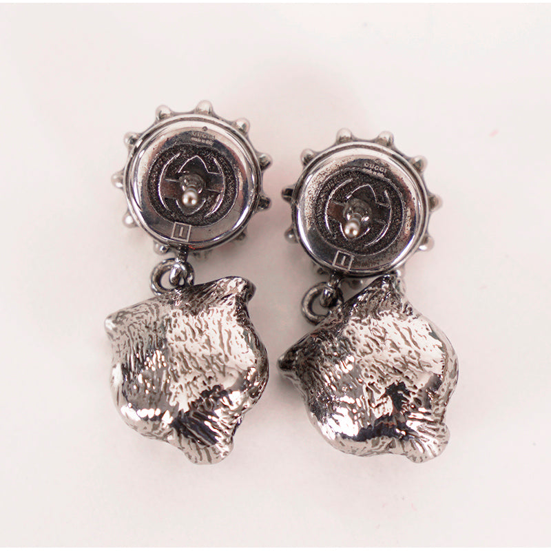NEW $495 GUCCI Pink Crystal Stud Silver Tone FELINE TIGER CAT Dangle EARRINGS