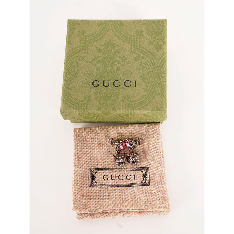 NEW $495 GUCCI Pink Crystal Stud Silver Tone FELINE TIGER CAT Dangle EARRINGS