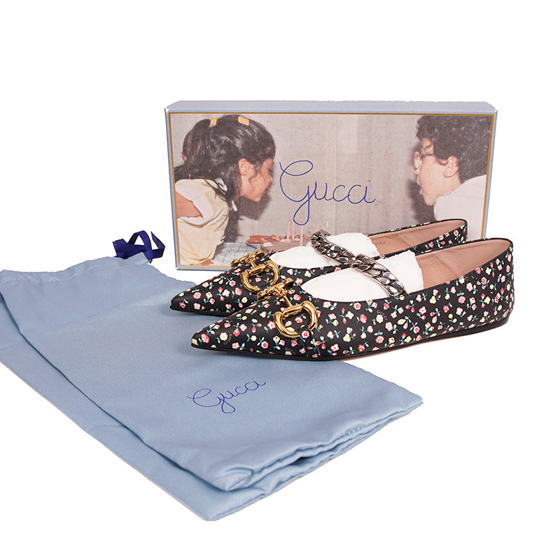 38.5 NEW $890 GUCCI X LIBERTY COLLECTION Blue FLORAL BIRD PRINT Horsebit FLATS