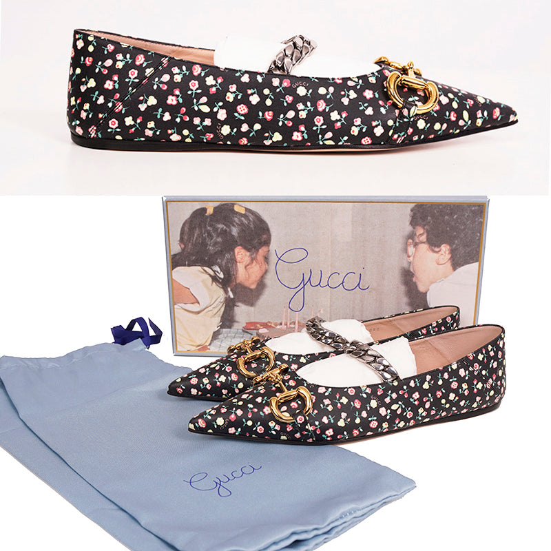 38.5 NEW $890 GUCCI X LIBERTY COLLECTION Blue FLORAL BIRD PRINT Horsebit FLATS
