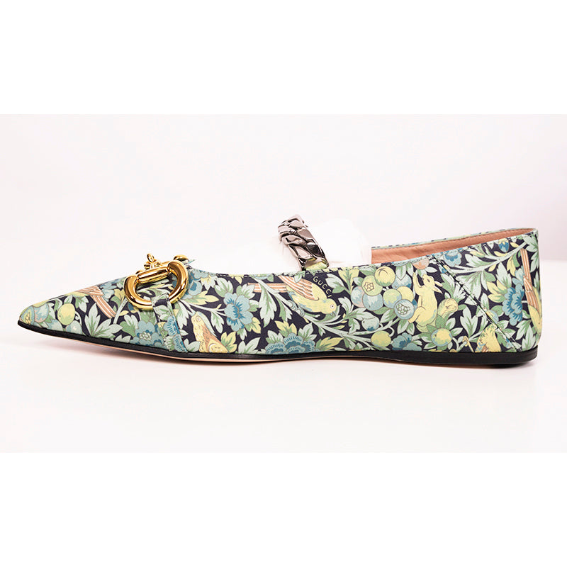 37 NEW $890 GUCCI X LIBERTY COLLECTION Blue FLORAL BIRD PRINT Horsebit FLATS NIB