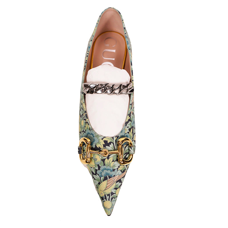 37 NEW $890 GUCCI X LIBERTY COLLECTION Blue FLORAL BIRD PRINT Horsebit FLATS NIB
