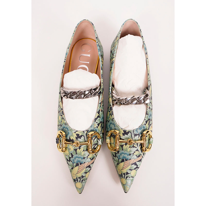37 NEW $890 GUCCI X LIBERTY COLLECTION Blue FLORAL BIRD PRINT Horsebit FLATS NIB