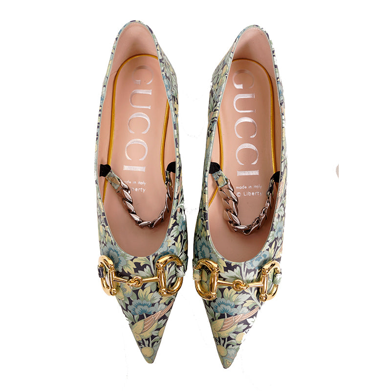 37 NEW $890 GUCCI X LIBERTY COLLECTION Blue FLORAL BIRD PRINT Horsebit FLATS NIB