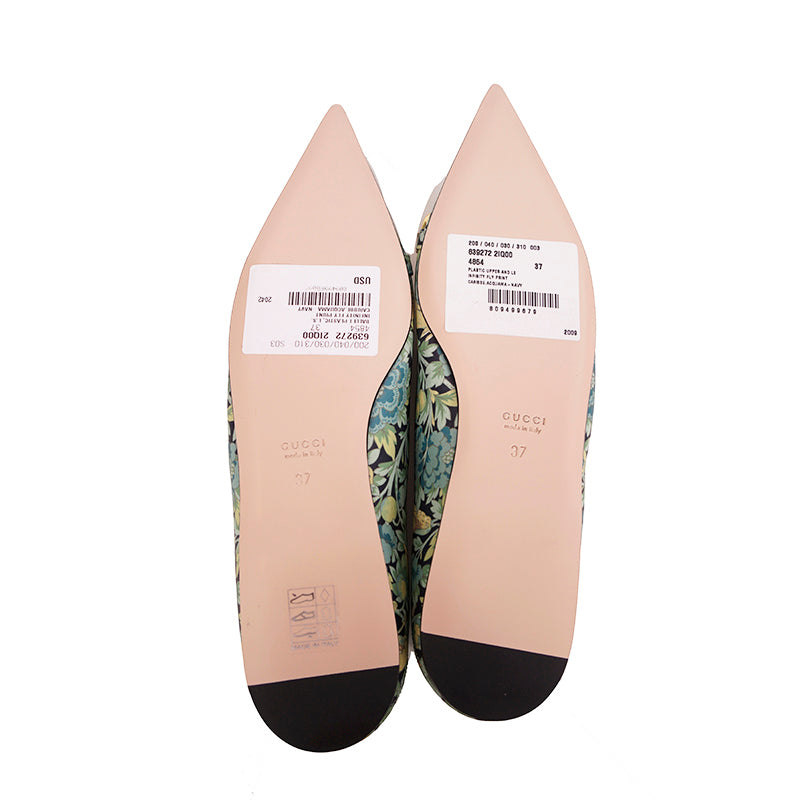 37 NEW $890 GUCCI X LIBERTY COLLECTION Blue FLORAL BIRD PRINT Horsebit FLATS NIB