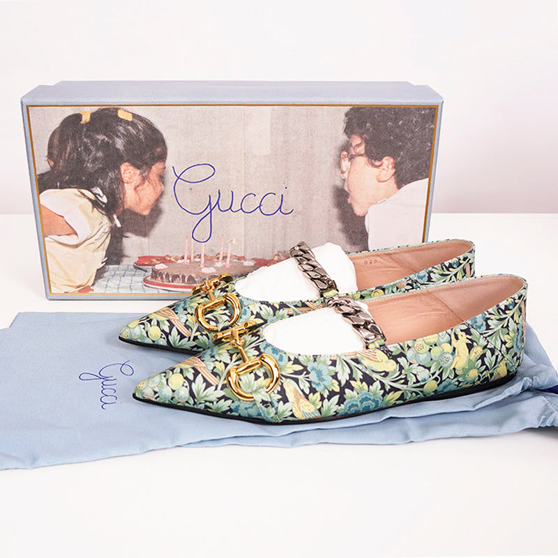 37 NEW $890 GUCCI X LIBERTY COLLECTION Blue FLORAL BIRD PRINT Horsebit FLATS NIB